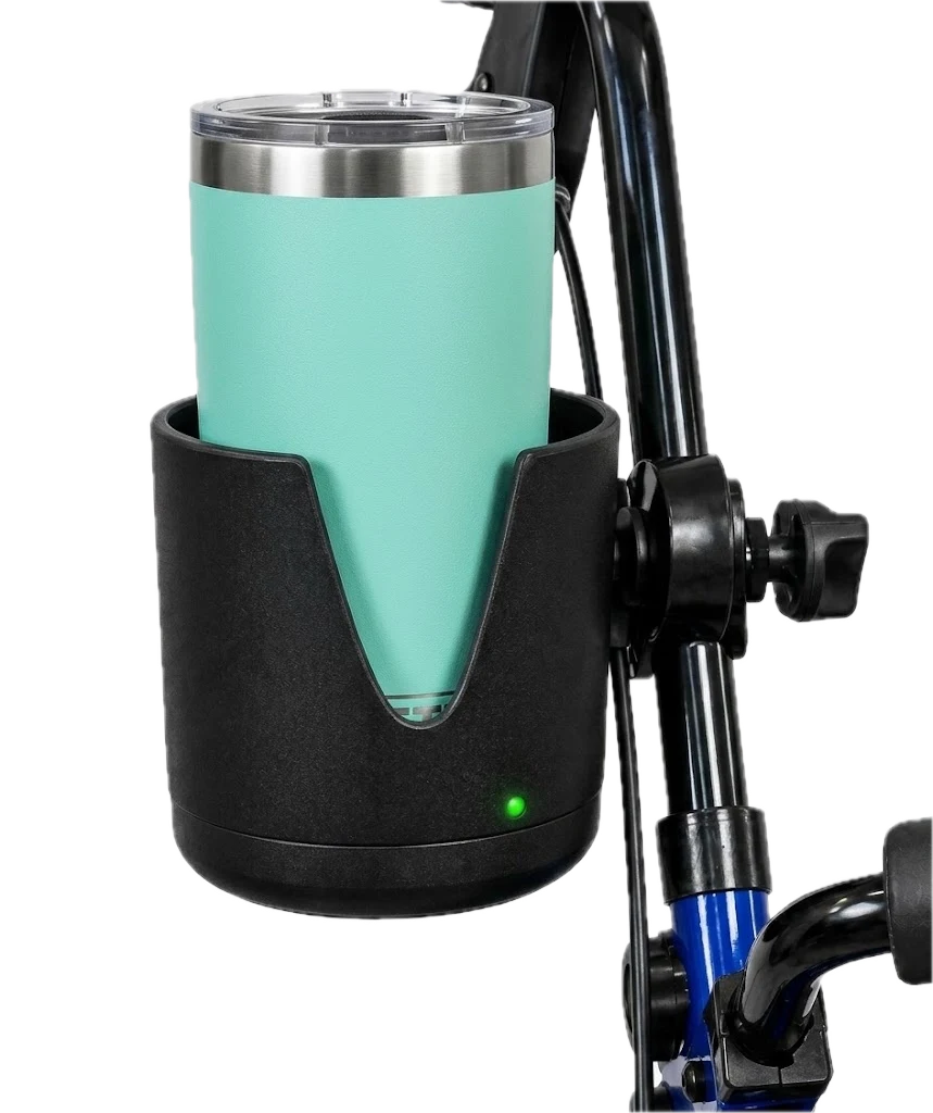 Close-up of the GoSteady cupholder mounted to rollator tubing