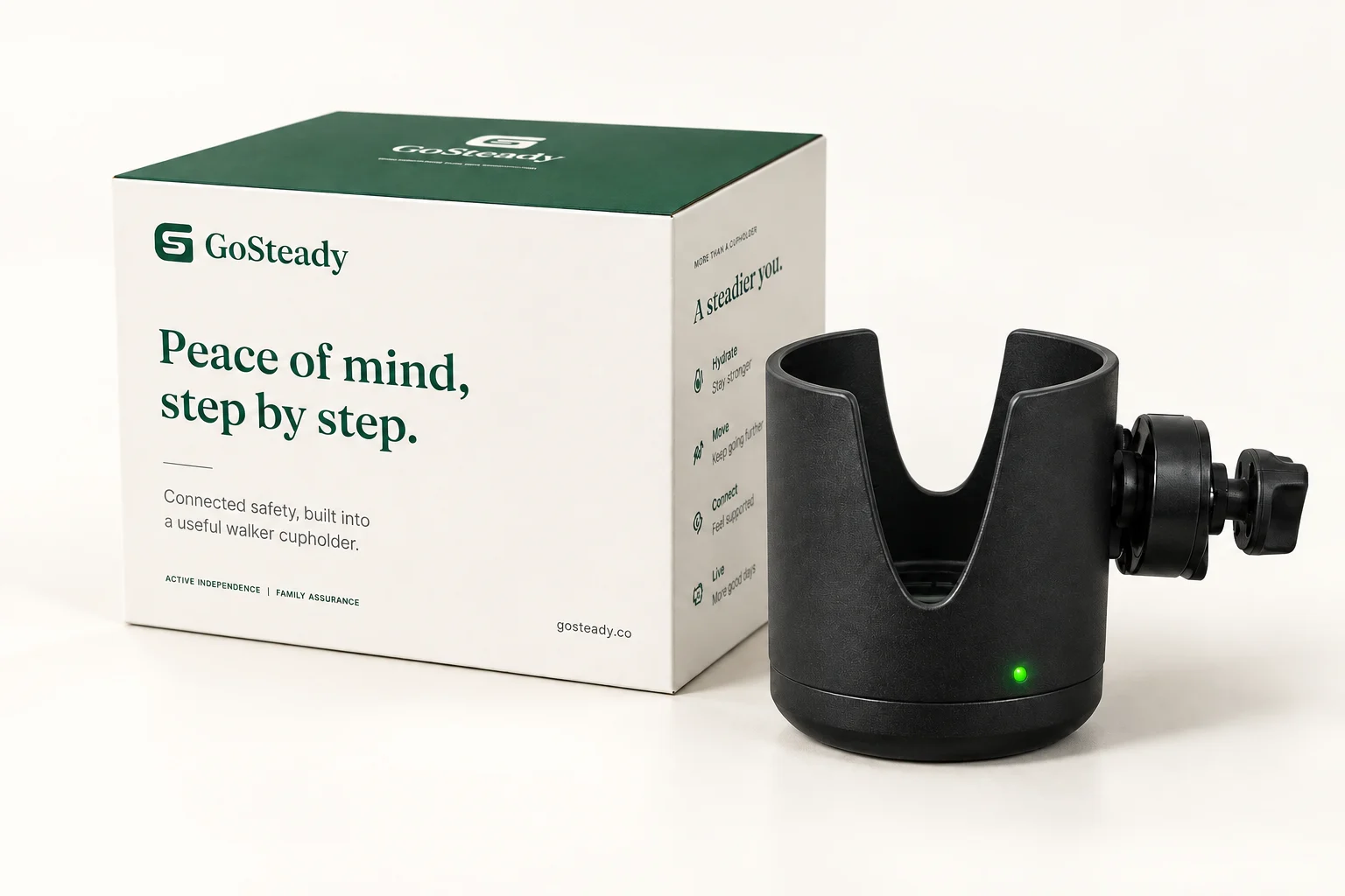 GoSteady smart cupholder with its mounting clamp beside the GoSteady box