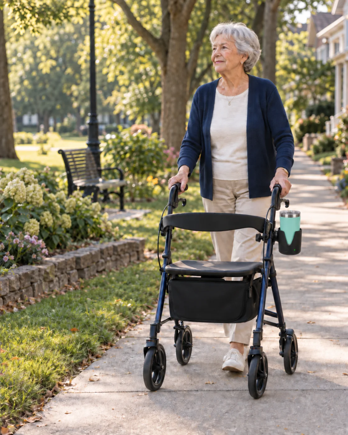 Illustrative image of an older woman confidently walking outdoors with GoSteady on her rollator