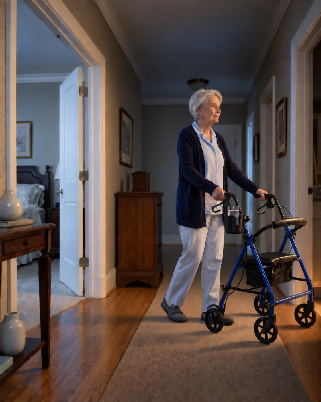 Illustrative image of an older woman using her rollator in a softly lit hallway overnight