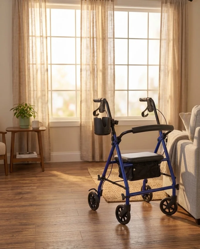 Illustrative image of a GoSteady-equipped rollator beside a couch in the morning