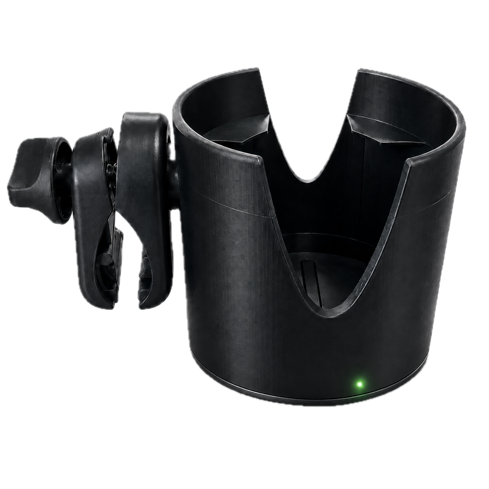 Go Steady rollator attachment — a black cupholder that clips onto the frame