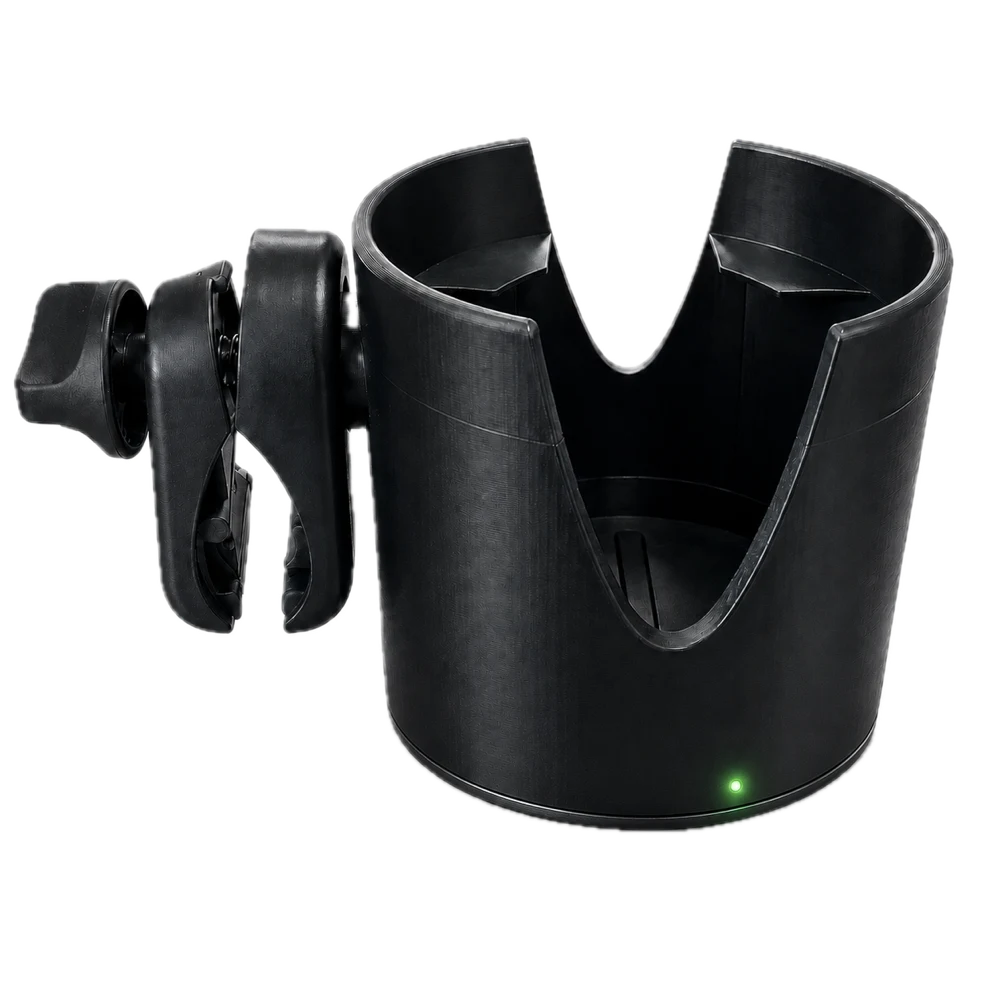 The GoSteady cupholder with its tool-free thumb-screw clamp