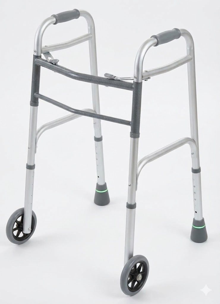 Go Steady attached to a standard walker, showing the sleek design with green indicator ring